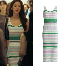 批发显瘦夏女无袖修身条纹针织连衣裙<b class='q'>背心</b>中长裙惊蛰无声杨幂白帆同款