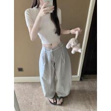 批发高级感纯色坑条圆领针织短袖女装夏季气质修身显瘦上衣内搭<b class='q'>打底衫</b>