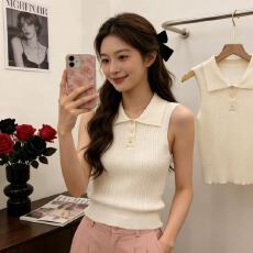 批发法式复古polo领针织背心女夏季外穿修身显瘦无袖麻花时尚无袖上衣