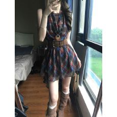 批发假两件格纹挂脖背心<b class='q'>连衣裙</b>女夏季独特别致好看不规则气质<b class='q'>收腰</b>短裙