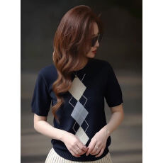 批发简单流行撞色菱格短袖针织衫2026夏季时尚潮流小衫百搭慵懒风上衣