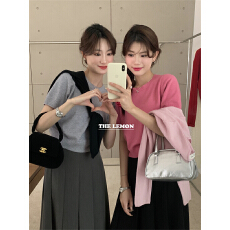 韩系甜妹温柔系短袖体恤女百搭短款上衣圆领纯色针织T恤夏季新款