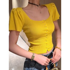 性感辣妹chic黄色短袖针织衫女2026夏季新款方领收腰短款开衫上衣
