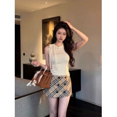 批发高级感时尚气质百搭格纹高腰短裙夏季蝴蝶结系带无袖上衣两件套女