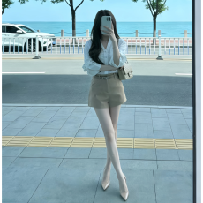 批发韩系女装轻熟风气质白色衬衫衬衣宽松上衣包臀短裤老钱风夏季套装