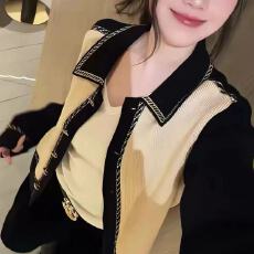 批发2026早秋新款长袖针织衫女小香风撞色拼接翻领<b class='q'>毛衣外套</b>开衫上衣潮