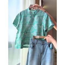 批发新中式国风高级感清新绿提花上衣女2026夏季新款轻奢小众淡雅短袖