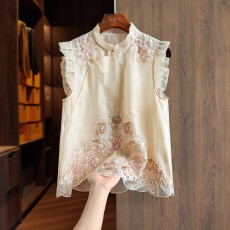 批发改良玉石盘扣真丝<b class='q'>欧根纱</b>新中式马甲背心女重工刺绣桑蚕丝国风上衣