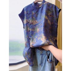 批发新中式国风蓝色立领2026年夏季新款盘扣香云纱复古提花上衣短袖女