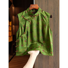 批发绿色改良斜襟盘扣新中式<b class='q'>旗袍</b>上衣女复古轻国风立领<b class='q'>真丝</b>桑蚕丝衬衫