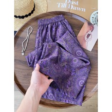 批发新中式简约复古印花阔腿裤2025年夏紫色国风时尚气质显瘦休闲裤子