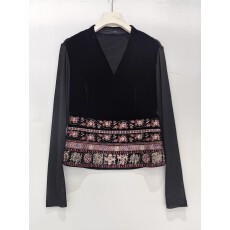 批发2025秋季新品时尚V领拼接百搭精品长袖<b class='q'>真丝</b>丝绒上衣女