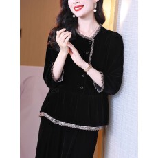 批发甜美淑女气质<b class='q'>真丝</b>丝绒上衣女时尚v领减龄桑蚕丝<b class='q'>衬衫</b>小衫春H