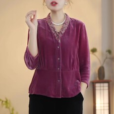 批发<b class='q'>真丝</b>丝绒刺绣上衣高端气质妈妈大码v领七分袖女士桑蚕丝<b class='q'>衬衫</b>秋季