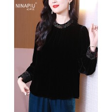 批发纯色长袖袖<b class='q'>真丝</b>丝绒<b class='q'>衬衫</b>女秋套头绣花漂亮小衫桑蚕丝上衣H