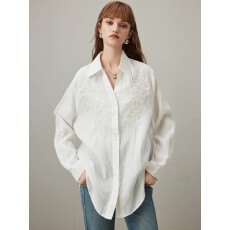 批发白色棉麻<b class='q'>长袖</b><b class='q'>衬衫女</b>2025年秋季新款重工钉珠绣花宽松薄款衬衣