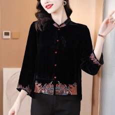 批发丝绒上衣女2026春季新款<b class='q'>中老年</b>妈妈刺绣旗袍领气质复古桑蚕丝外套