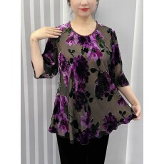 批发桑蚕丝植绒提花圆领中袖2026春季遮肚显瘦<b class='q'>真丝</b>绒妈妈小衫<b class='q'>女</b><b class='q'>上衣</b>