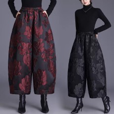 批发高档浮雕提花阔腿裤女2026春季新款保暖羽绒棉裤九分灯笼裤靴裤