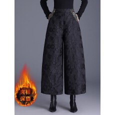 批发国风九分裤女时尚提花阔腿裤2026春季新款高腰夹棉保暖休闲靴裤