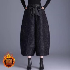 批发高腰提花阔腿裤女2026春季新加绒加厚宽松休闲灯笼裤子九分花苞裤