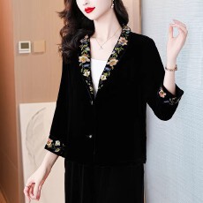 批发中年妈妈刺绣金丝绒西装领短款外套女2026春季新款气质桑蚕丝上衣