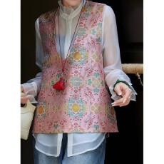 批发粉色提花国风背心女外穿2026春季新款年轻复古宽松叠穿大V领<b class='q'>马甲</b>