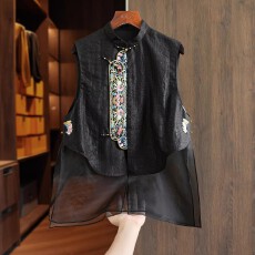 批发轻奢真丝香云纱新中式衬衫马甲女网纱拼接重工刺绣桑蚕丝国风上衣