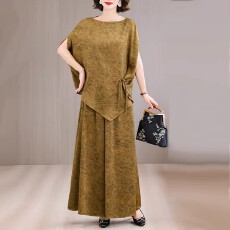 批发<b class='q'>时尚</b>大码真丝套装女夏季中年妈妈气质显瘦蝙蝠袖上衣阔腿裤两件套