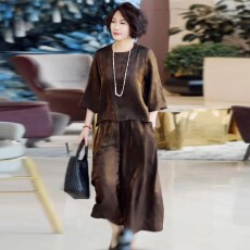 批发复古浮光锦<b class='q'>大码</b>宽松遮肚小衫上衣宽松阔腿裤时尚洋气显瘦妈妈套装