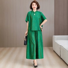 批发实拍新中式国风妈妈浮光盘扣上衣宽松蝙蝠袖阔腿<b class='q'>裤</b><b class='q'>夏季</b><b class='q'>气质</b>套<b class='q'>装</b>