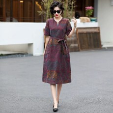 批发实拍短袖V领系带<b class='q'>连衣裙</b>2026夏季新款中年女装正宗<b class='q'>香云纱</b>印花裙子