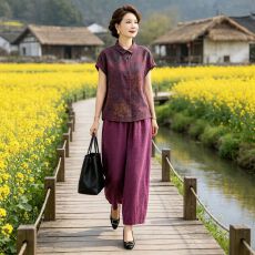 批发2026<b class='q'>夏季</b>新款时尚中年妈妈真丝衬衫女大码香云纱阔腿裤套装两件套