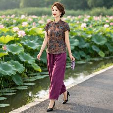 批发妈妈新中式套装中老年穿搭女装<b class='q'>夏</b>季复古短袖上衣阔腿裤国风两件套