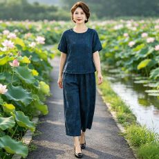 批发2026<b class='q'>夏</b>季新款中年妈妈香云纱高端气质时尚木耳边真丝套装两件套女