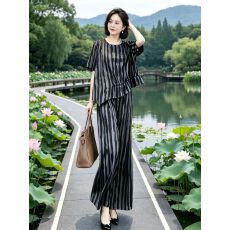 批发夏大码复古高级感醋酸条纹<b class='q'>短袖</b>不规则上衣宽松阔腿<b class='q'>裤</b><b class='q'>气质</b>两件套<b class='q'>装</b>
