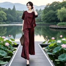 批发夏大码复古高级感醋酸条纹<b class='q'>短袖</b>不规则上衣宽松阔腿<b class='q'>裤</b><b class='q'>气质</b>两件套<b class='q'>装</b>
