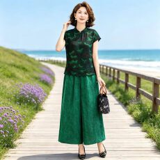 批发2026夏季新款中式妈妈<b class='q'>真丝</b><b class='q'>衬衫</b>女宽松显瘦香云纱阔腿裤套装两件套