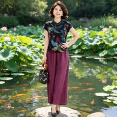 批发香云纱桑蚕丝套<b class='q'>装</b>2026夏季新款洋气复古印花短袖衬衫阔腿<b class='q'>裤</b><b class='q'>两件套</b>