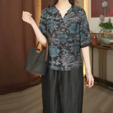 批发香云纱青花瓷时尚套<b class='q'>装</b>女2026夏季新款v领提花T恤<b class='q'>衬衫</b>+龟裂纹<b class='q'>裤</b>子