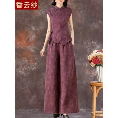 批发紫气东来香云纱两件套夏季<b class='q'>新款</b>桑蚕丝阔腿裤新中式婚宴真丝套装