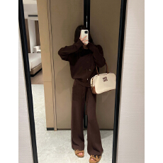 批发2025秋冬高奢重工立体图案针织连帽卫衣两件套休闲高腰直筒阔腿裤