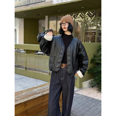 批发复古经典哑黑廓形环保pu皮衣复古短款秋<b class='q'>冬</b>羽绒服外套女