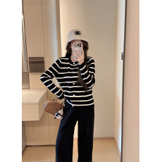 批发秋装搭配一整套温柔时尚条纹针织开衫阔腿裤韩系减龄复古套装