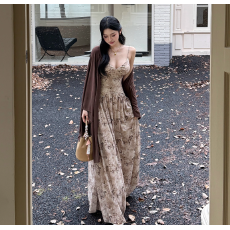 批发清冷禅意新中式吊带长裙+青衫显瘦<b class='q'>蝙蝠</b>袖江南烟雨披肩套装