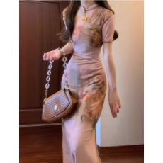 批发原创夜庭花改良<b class='q'>旗袍</b>裙女夏季复古油画印花新中式<b class='q'>连衣裙</b>