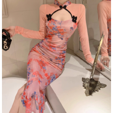 批发原创打底裙新中式网纱印花拼接改良版<b class='q'>旗袍</b>开叉中长<b class='q'>连衣裙</b>