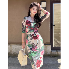 批发原创新中式国风弹力<b class='q'>网纱</b>包臀牡丹花套头绑带裹身连衣<b class='q'>裙</b>