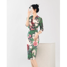 批发原创新中式国风弹力<b class='q'>网纱</b>包臀牡丹花套头绑带裹身连衣<b class='q'>裙</b>