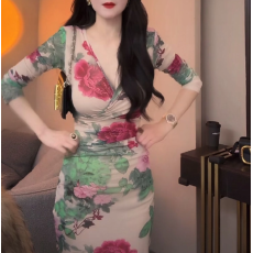 批发原创新中式国风弹力<b class='q'>网纱</b>包臀牡丹花套头绑带裹身连衣<b class='q'>裙</b>